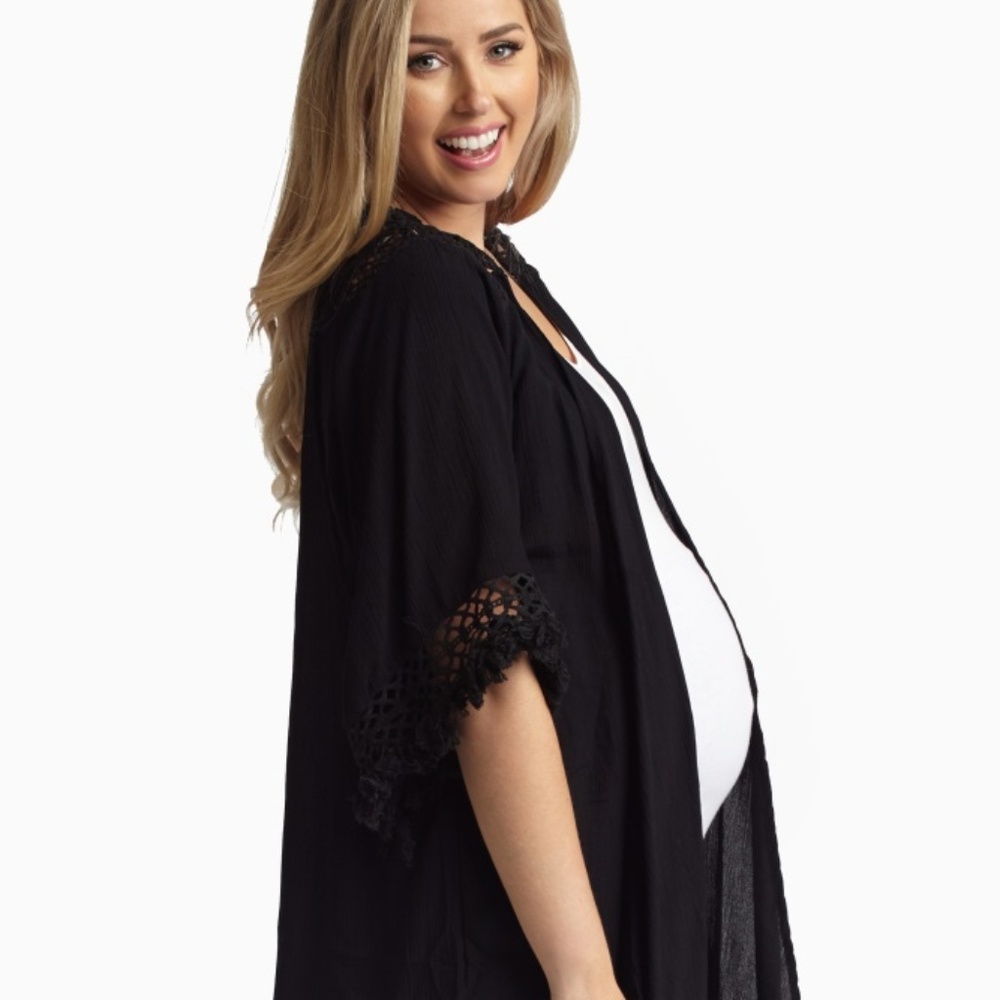 Black Linen Crochet Accent Open Maternity Cardigan